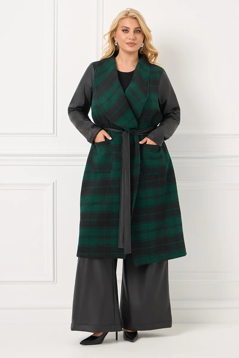 Καρό Κυοαρισσί Παλτό με Δερματίνη στα Μανίκια & Ζώνη