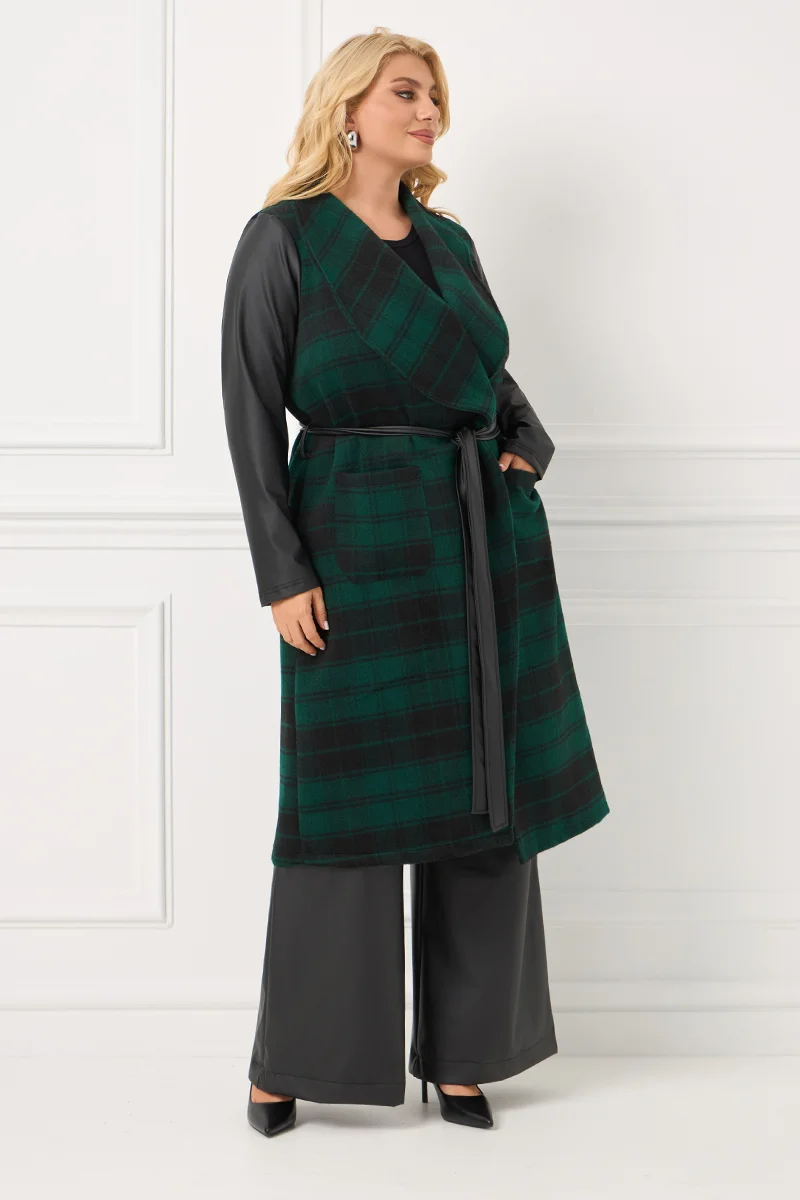 Καρό Κυοαρισσί Παλτό με Δερματίνη στα Μανίκια & Ζώνη