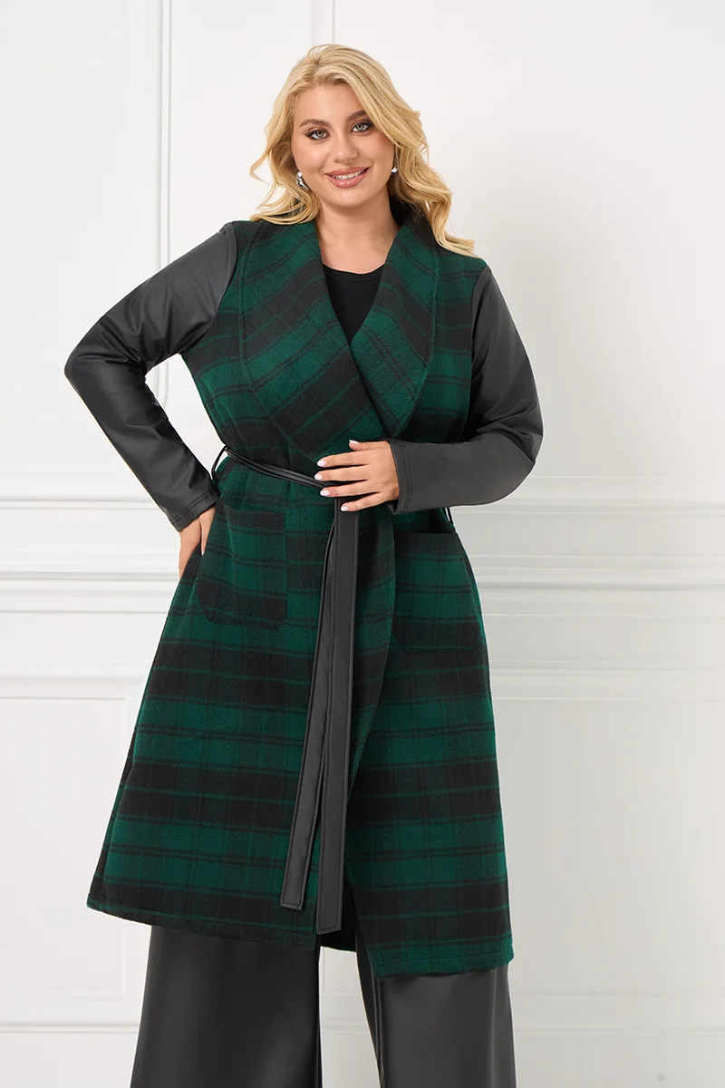 Καρό Κυοαρισσί Παλτό με Δερματίνη στα Μανίκια & Ζώνη