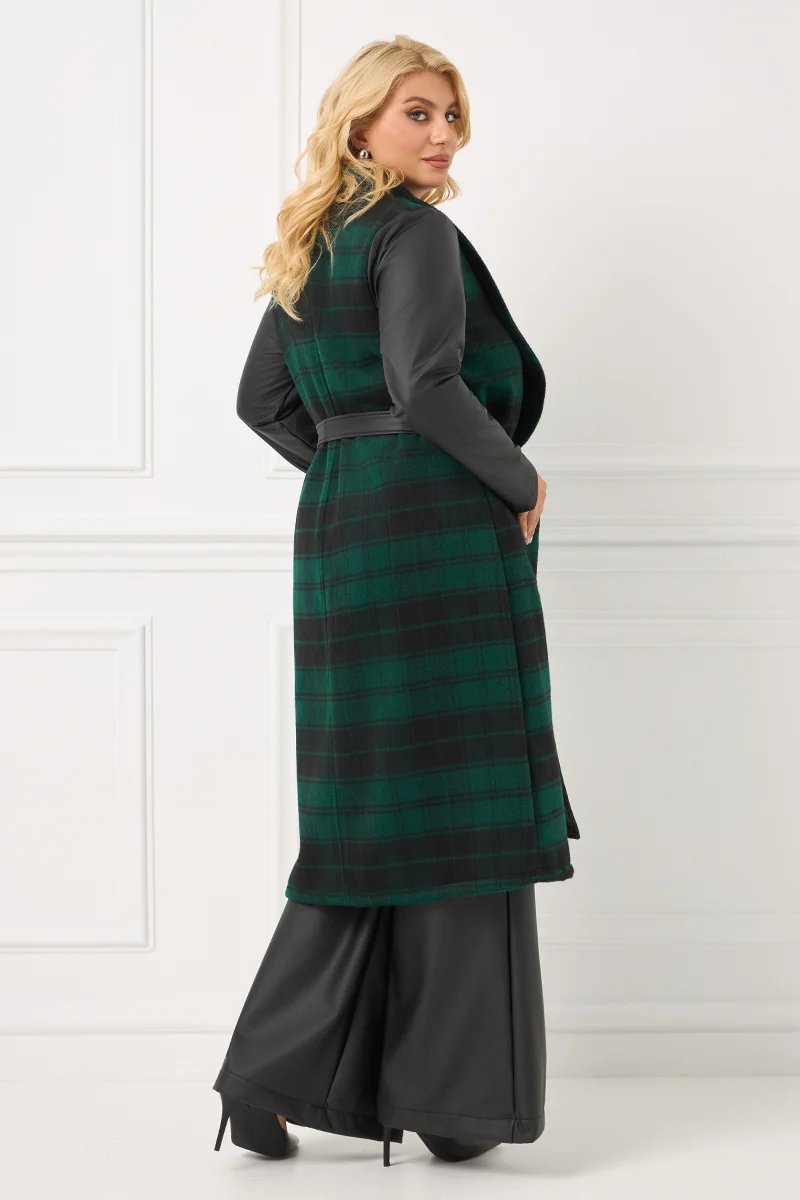 Καρό Κυοαρισσί Παλτό με Δερματίνη στα Μανίκια & Ζώνη