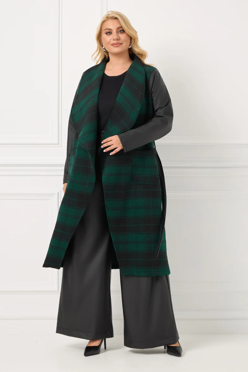 Καρό Κυοαρισσί Παλτό με Δερματίνη στα Μανίκια & Ζώνη