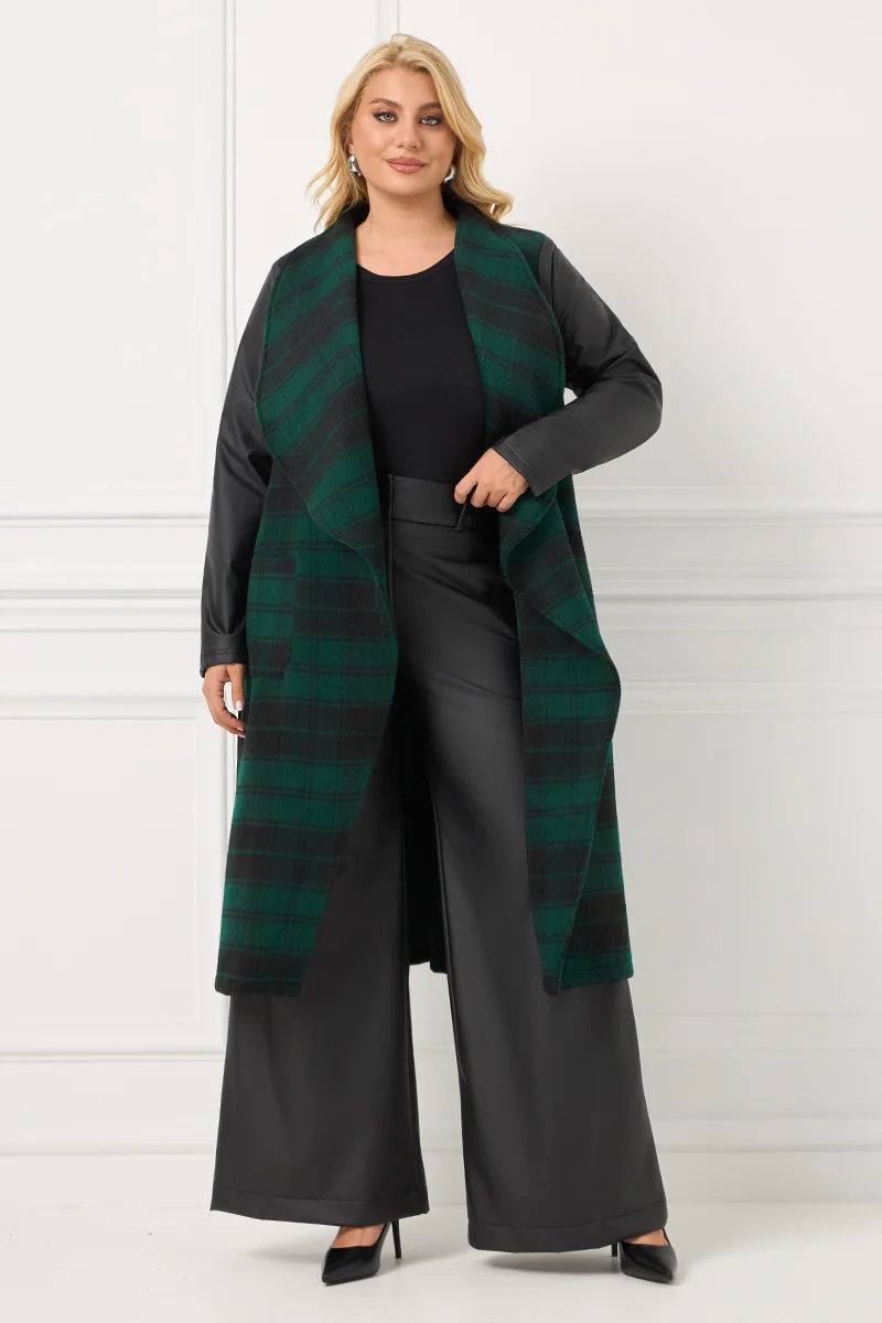 Καρό Κυοαρισσί Παλτό με Δερματίνη στα Μανίκια & Ζώνη