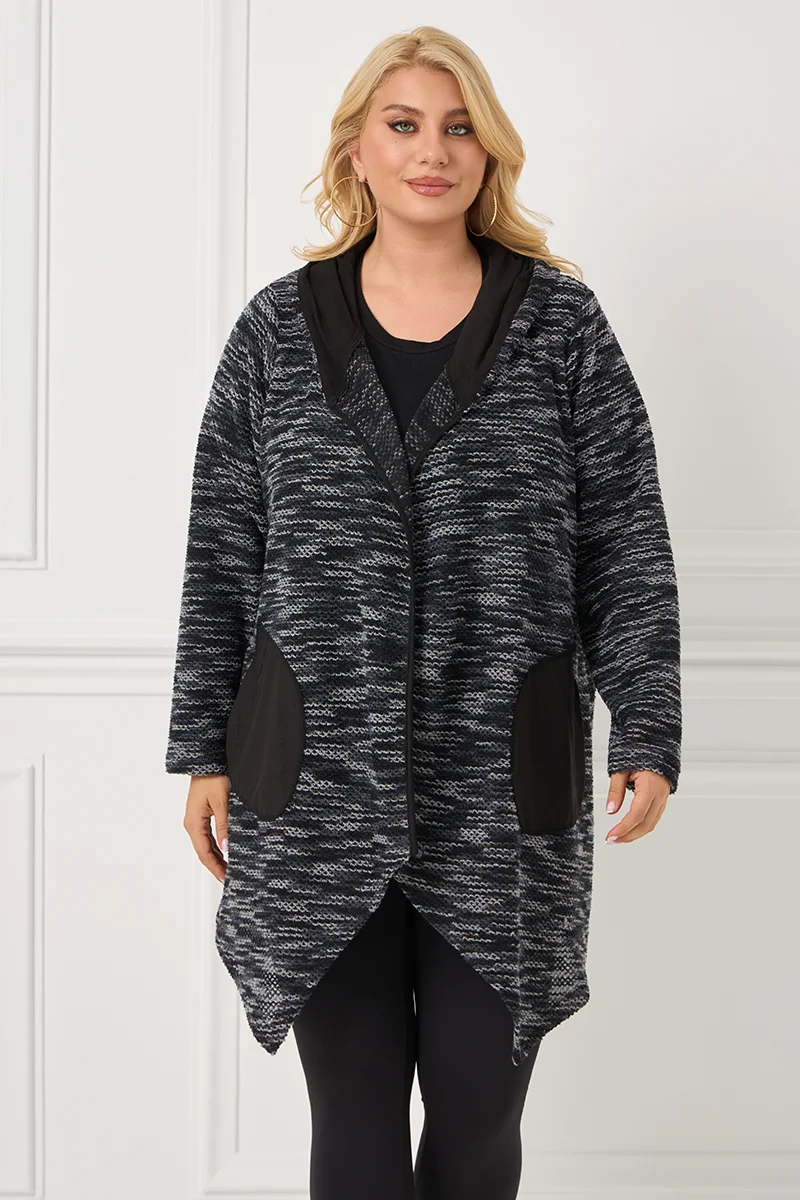 Πλεκτή Ζακέτα Γκρι με Κουκούλα και Τσέπες Αλκαντάρα