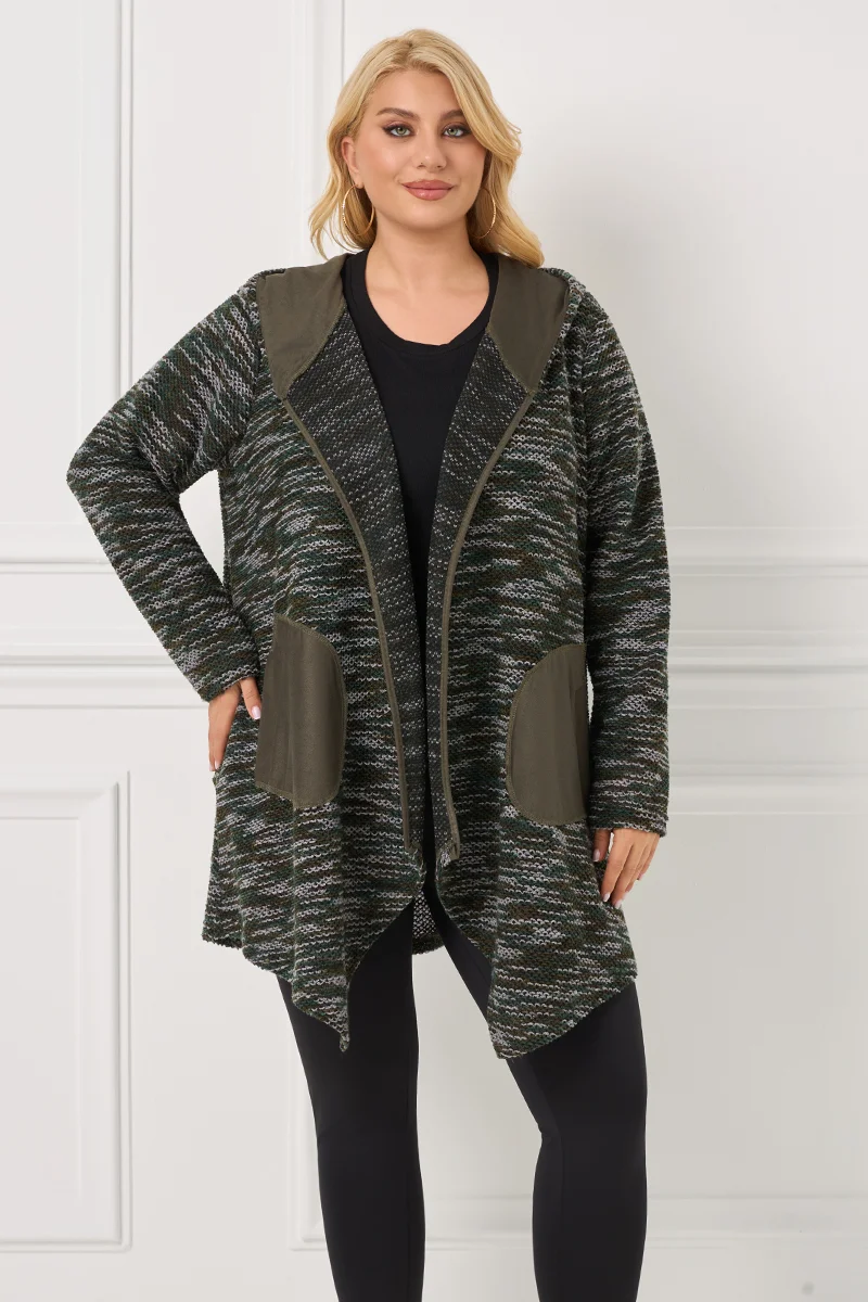 Πλεκτή Ζακέτα Χακί με Κουκούλα και Τσέπες Αλκαντάρα