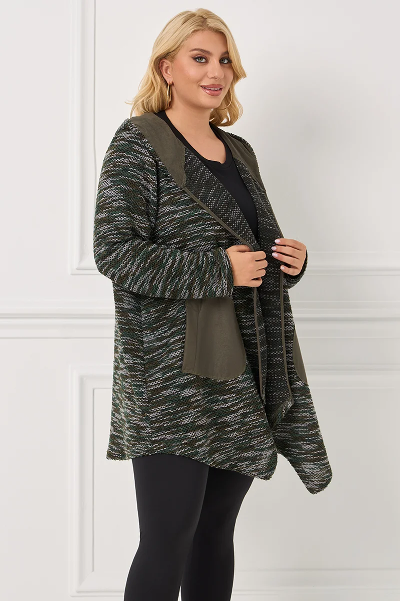 Πλεκτή Ζακέτα Χακί με Κουκούλα και Τσέπες Αλκαντάρα