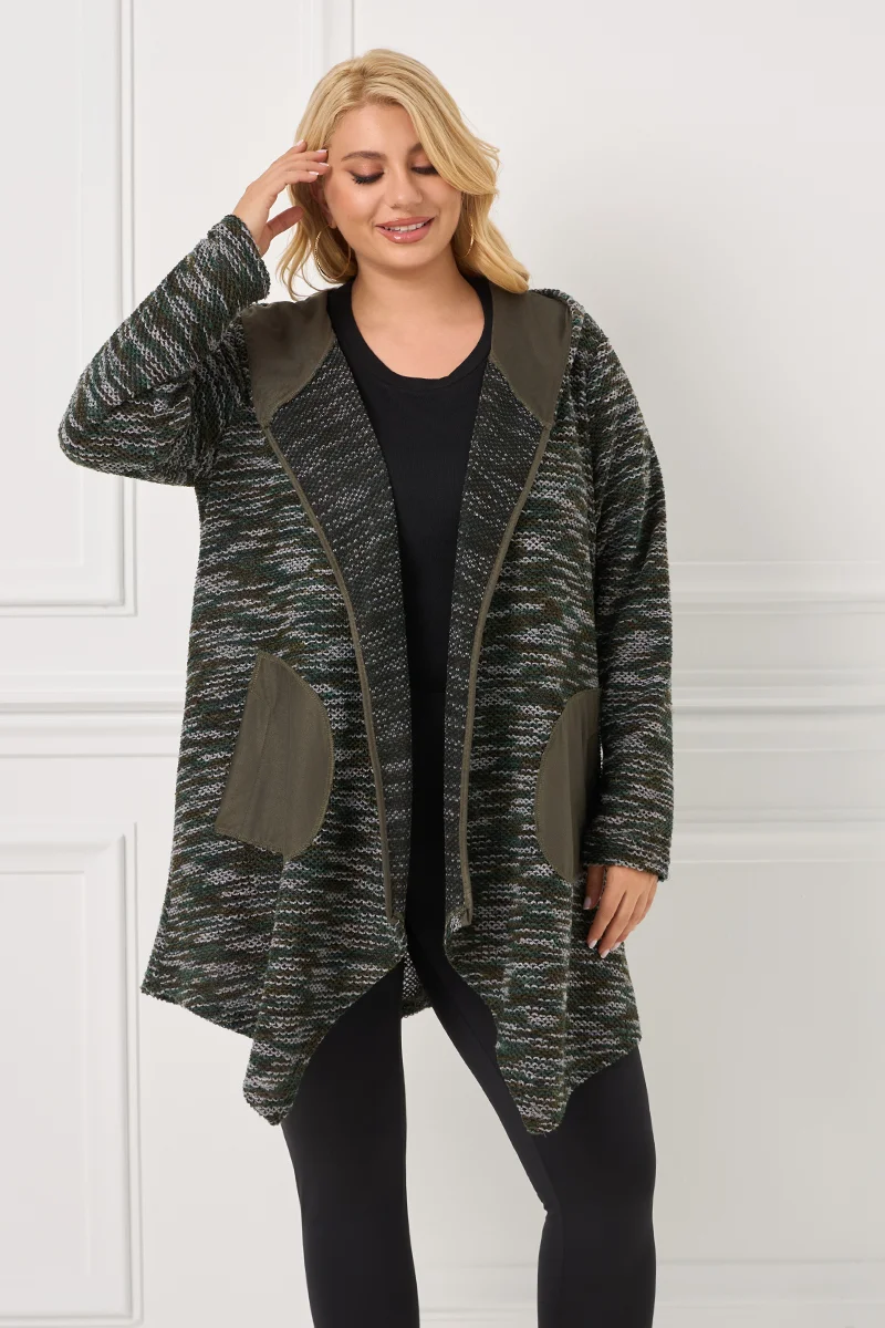 Πλεκτή Ζακέτα Χακί με Κουκούλα και Τσέπες Αλκαντάρα