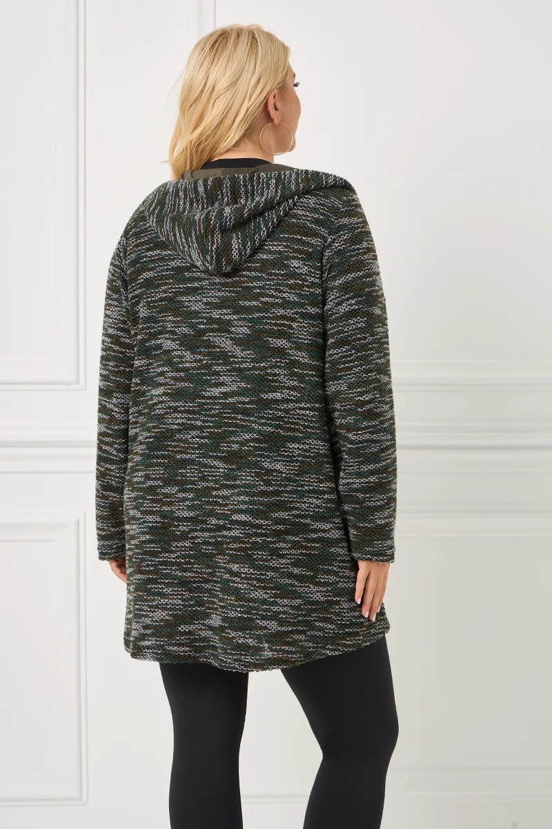 Πλεκτή Ζακέτα Χακί με Κουκούλα και Τσέπες Αλκαντάρα