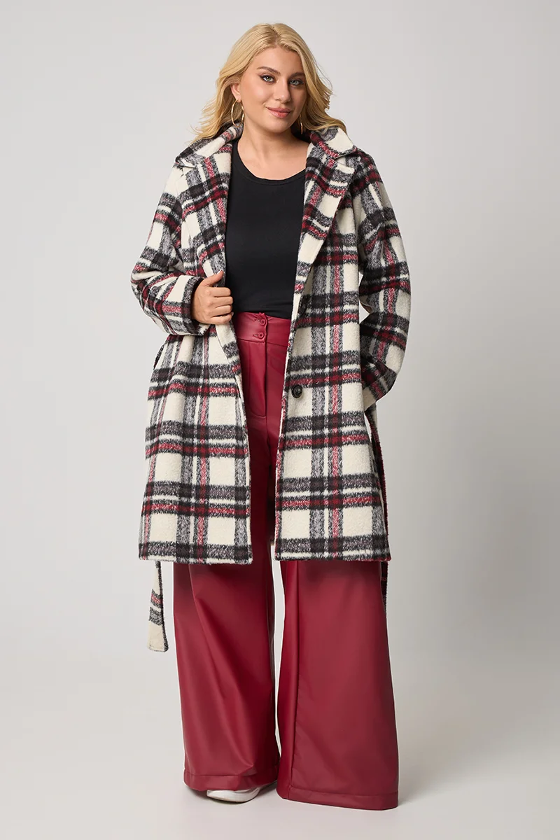 Καρό Παλτό Με Φόδρα Μπορντό 
