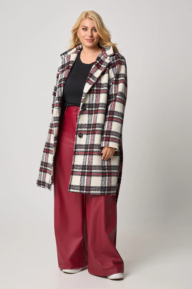 Καρό Παλτό Με Φόδρα Μπορντό 