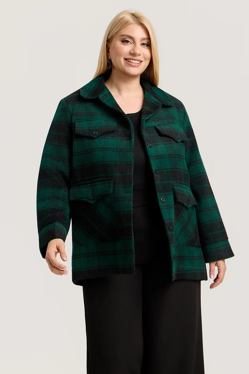 Plus Size Jacket Καρό με Τσέπες σε Κυπαρισσί & Μαύρο