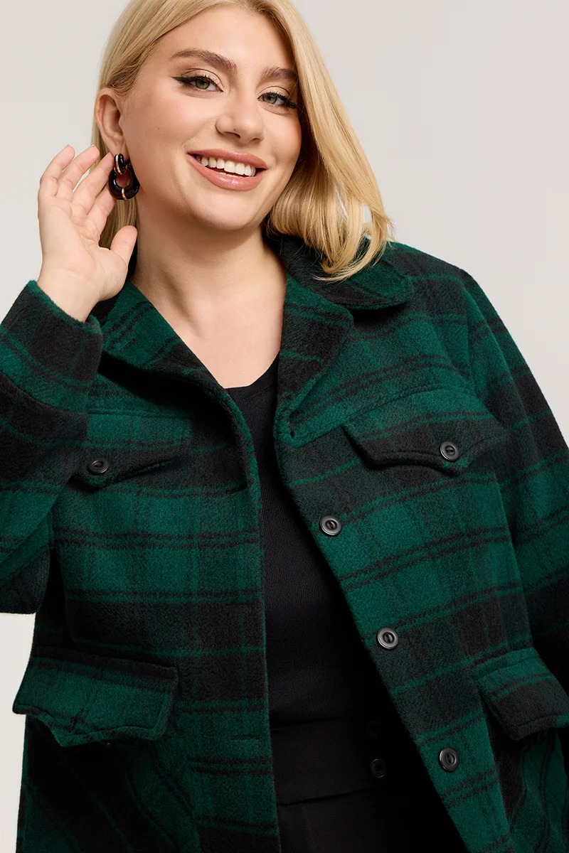 Plus Size Jacket Καρό με Τσέπες σε Κυπαρισσί & Μαύρο