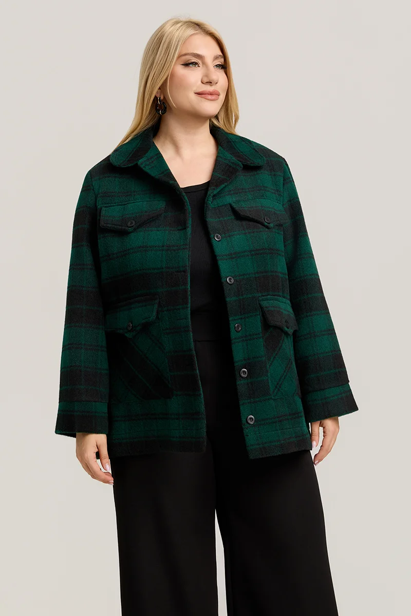 Plus Size Jacket Καρό με Τσέπες σε Κυπαρισσί & Μαύρο