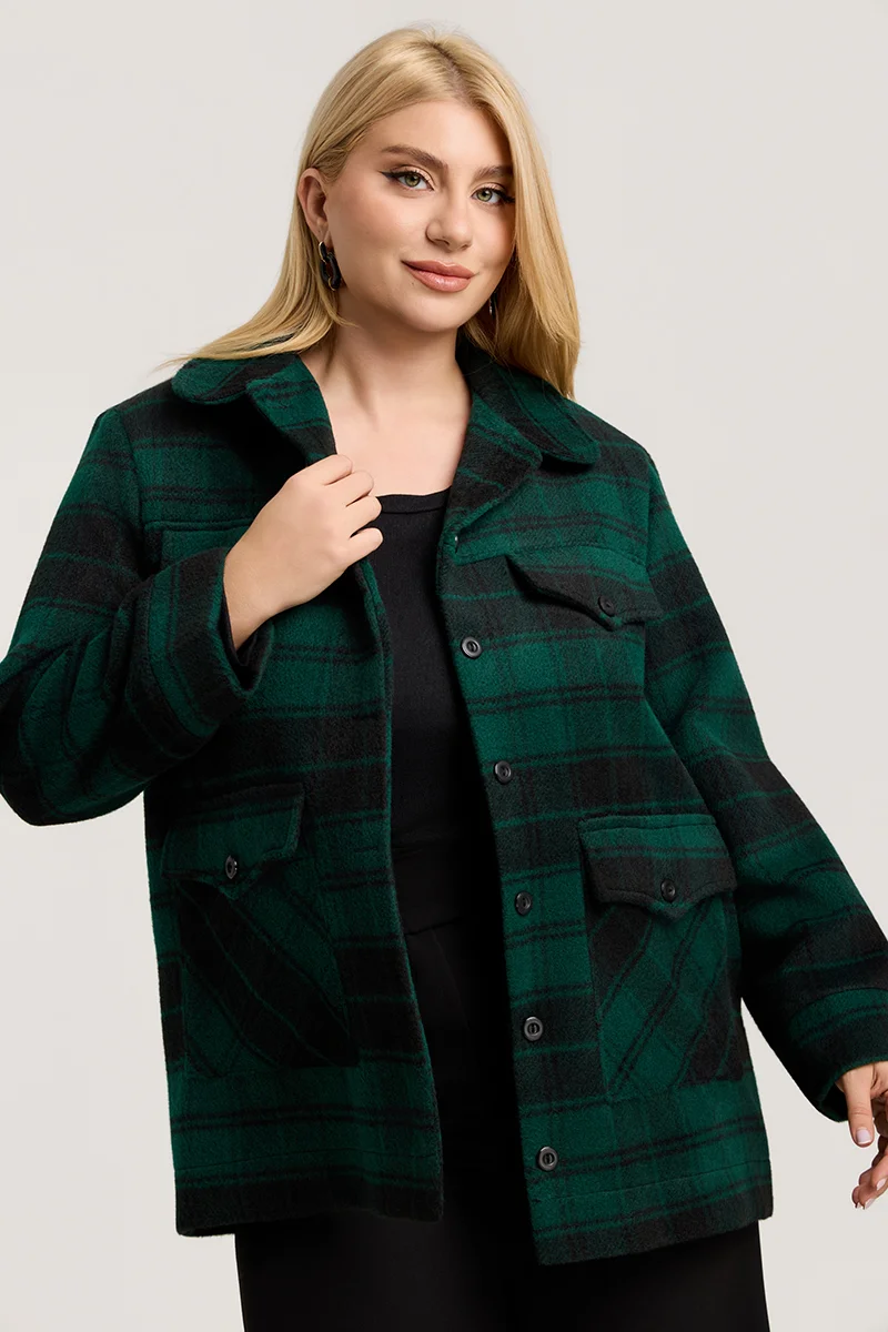 Plus Size Jacket Καρό με Τσέπες σε Κυπαρισσί & Μαύρο