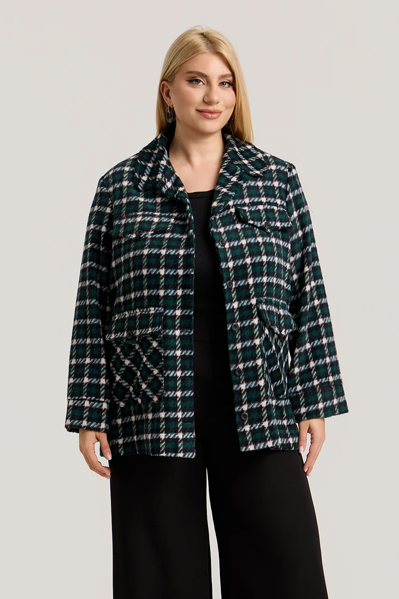 Plus Size Jacket Καρό με Τσέπες σε Πράσινο & Μαύρο