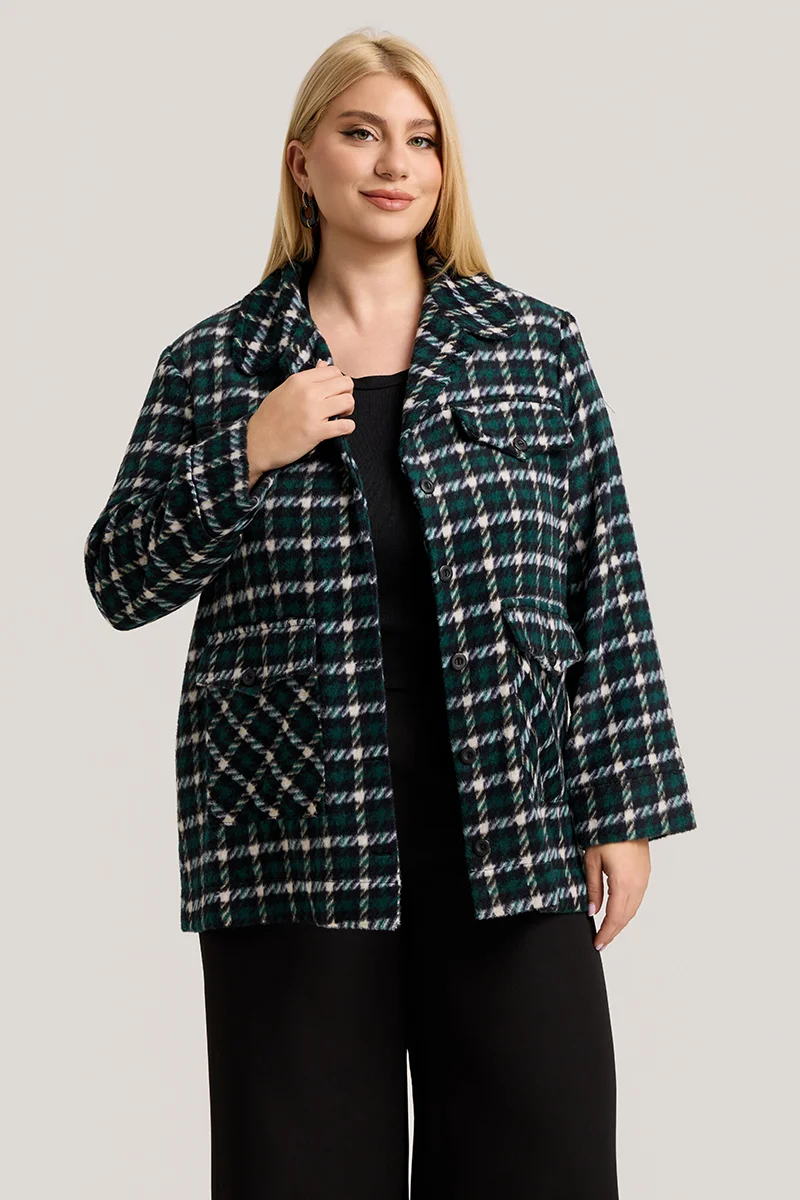 Plus Size Jacket Καρό με Τσέπες σε Πράσινο & Μαύρο