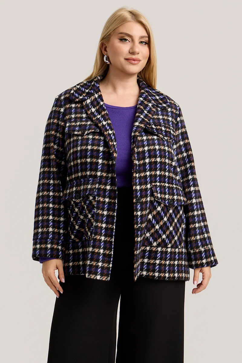 Plus Size Jacket Καρό με Τσέπες σε Μωβ  & Μαύρο