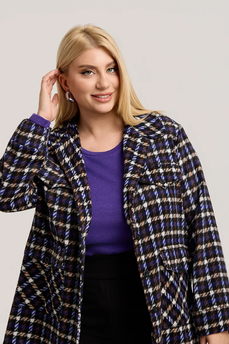 Plus Size Jacket Καρό με Τσέπες σε Μωβ  & Μαύρο