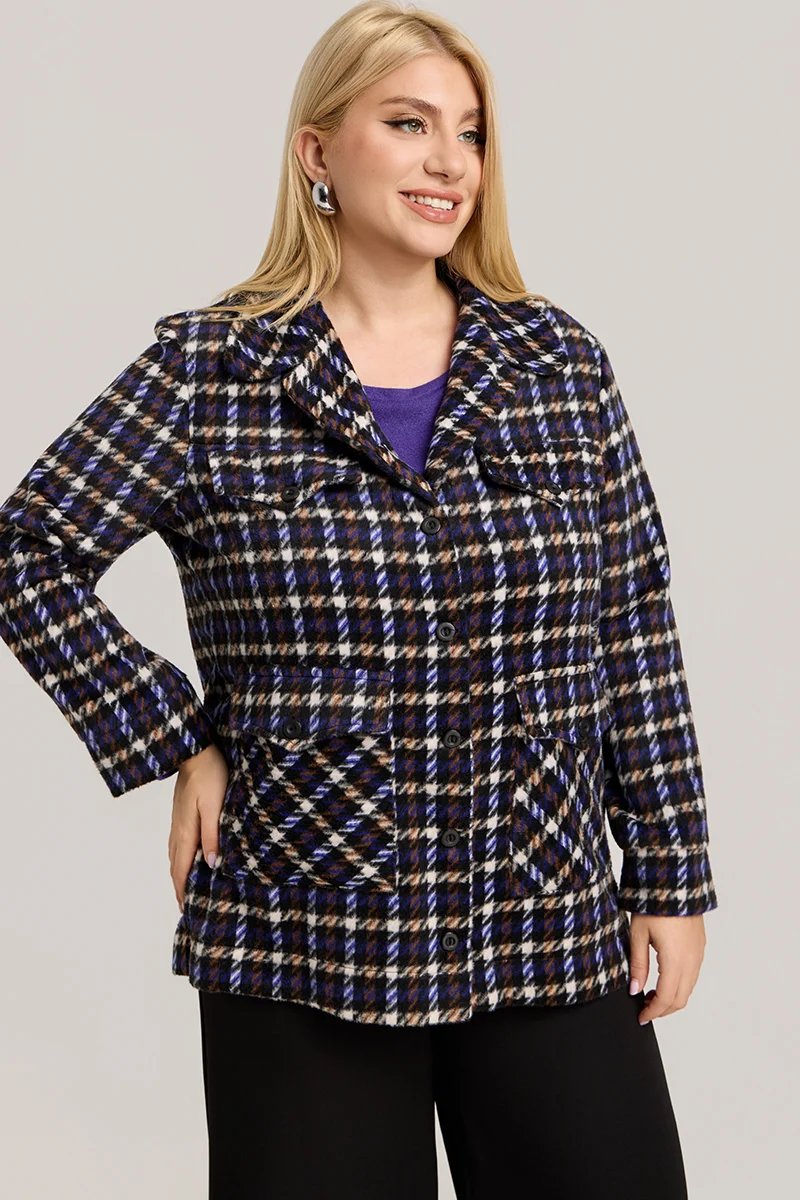 Plus Size Jacket Καρό με Τσέπες σε Μωβ  & Μαύρο