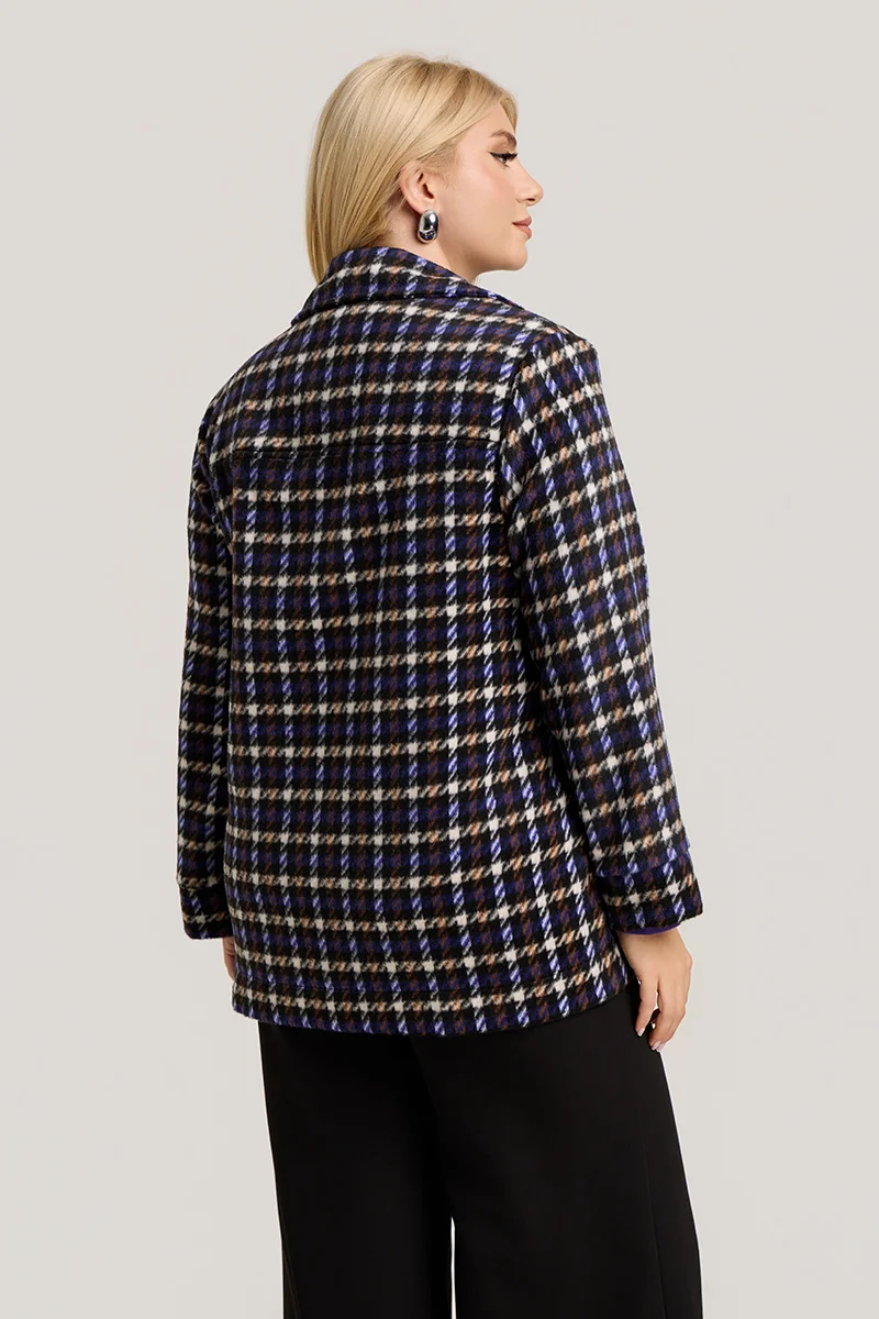 Plus Size Jacket Καρό με Τσέπες σε Μωβ  & Μαύρο