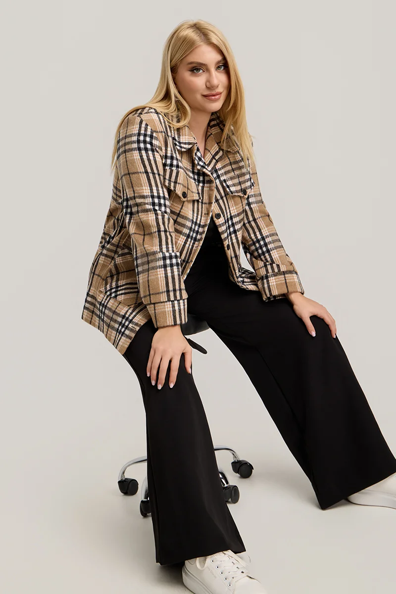 Plus Size Jacket Καρό με Τσέπες σε Μπεζ & Μαύρο