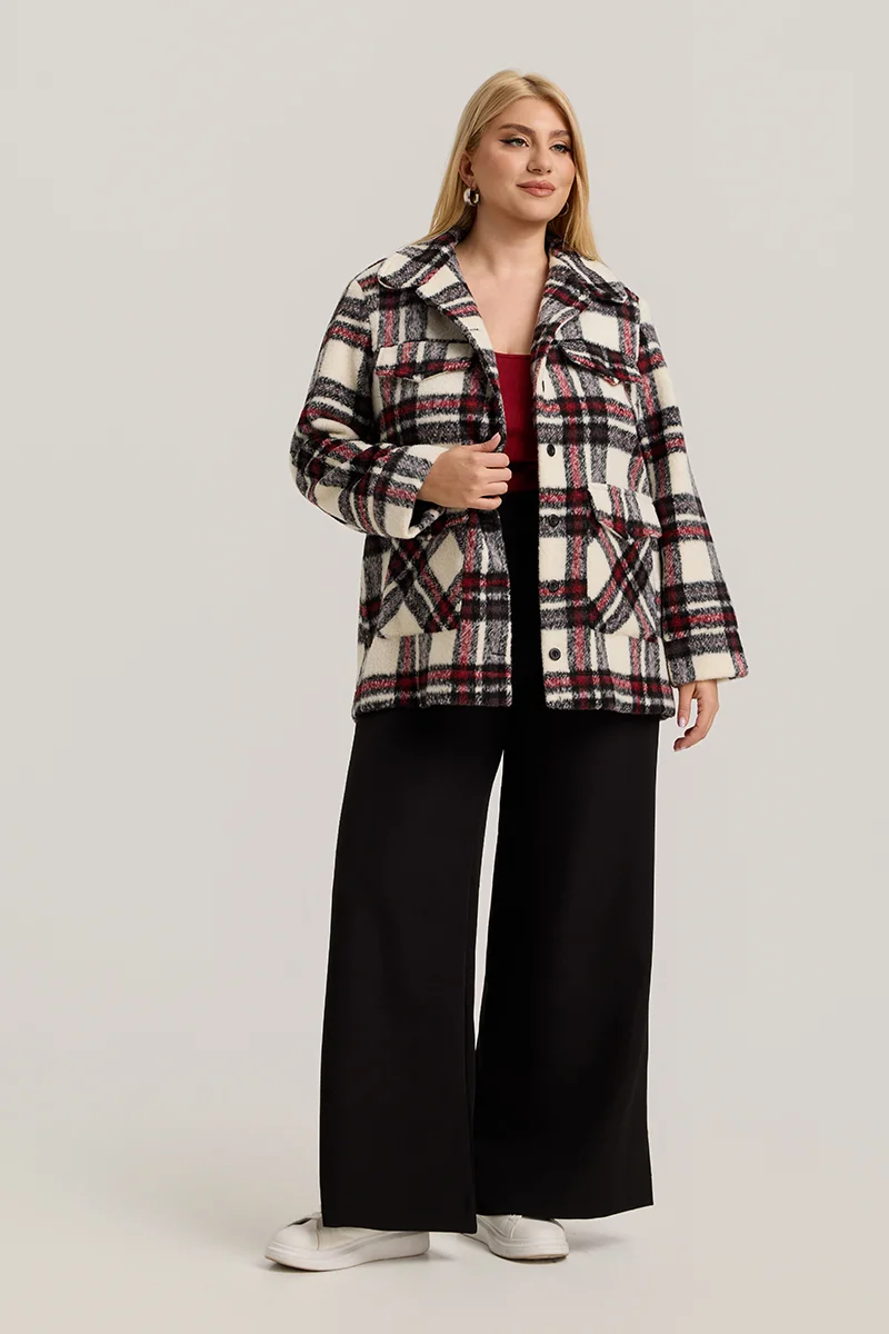 Plus Size Jacket Καρό με Τσέπες Μπορντό 