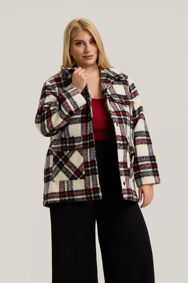 Plus Size Jacket Καρό με Τσέπες Μπορντό 