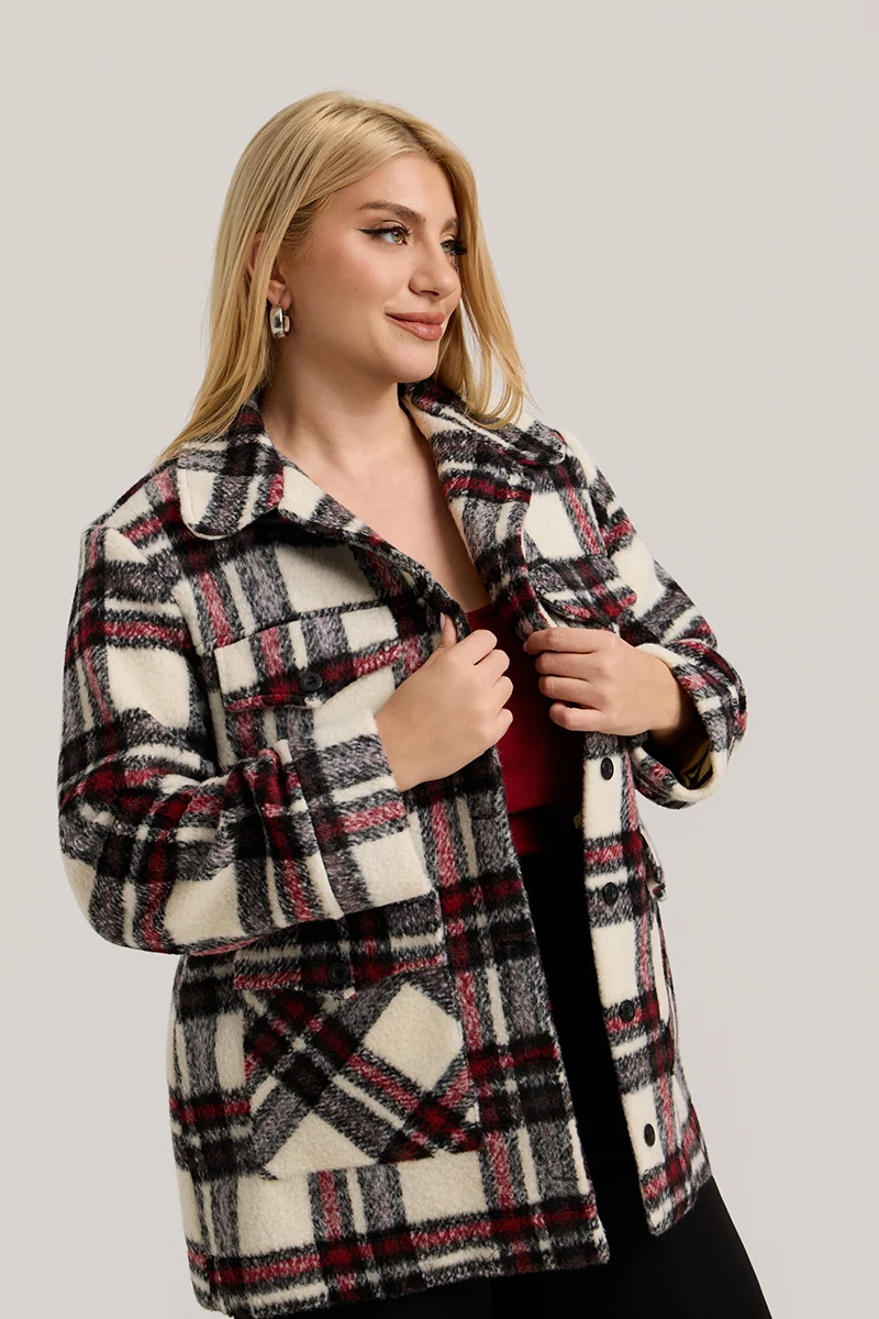 Plus Size Jacket Καρό με Τσέπες Μπορντό 