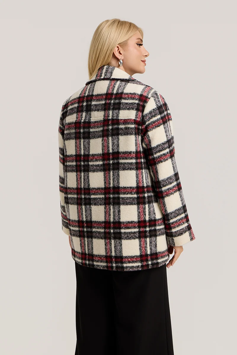 Plus Size Jacket Καρό με Τσέπες Μπορντό 