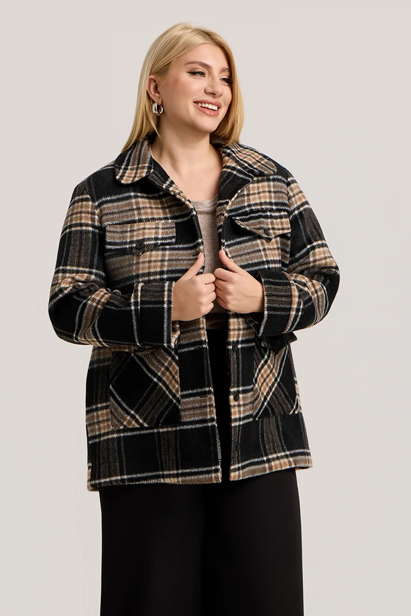 Plus Size Jacket Καρό με Τσέπες σε Μαύρο & Μπεζ 