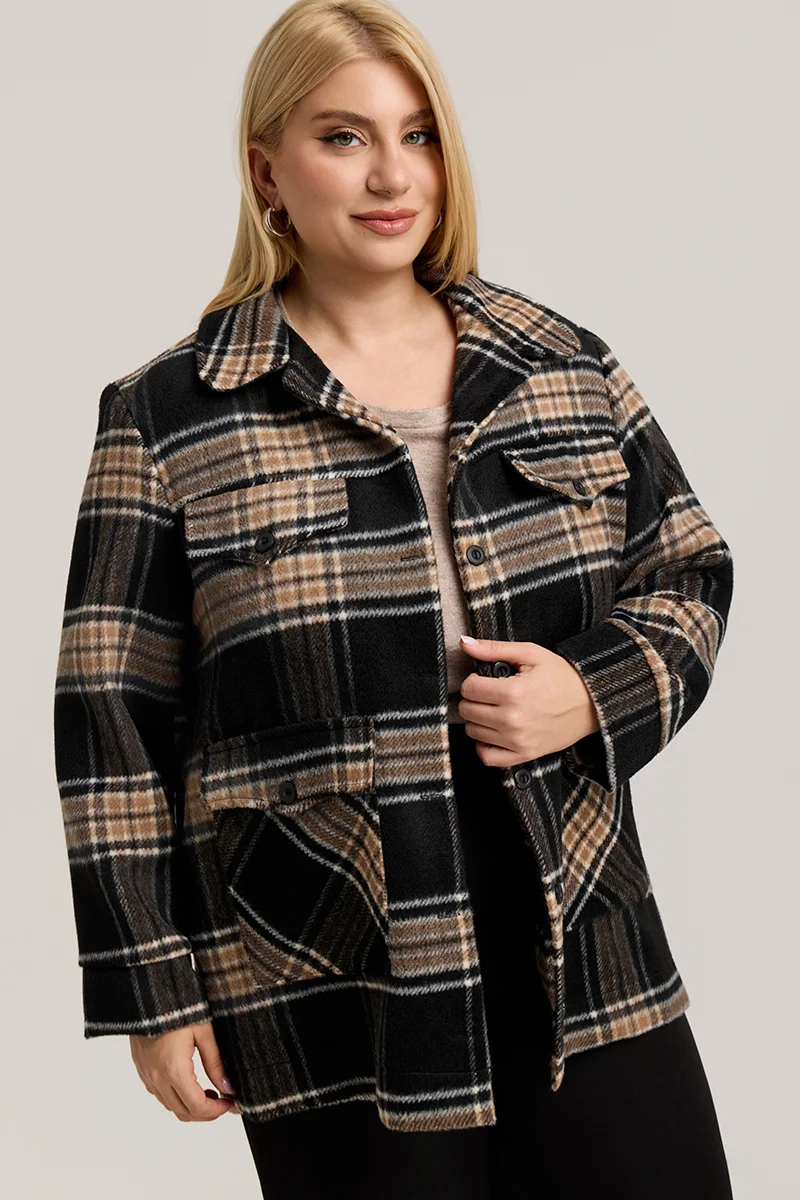 Plus Size Jacket Καρό με Τσέπες σε Μαύρο & Μπεζ 