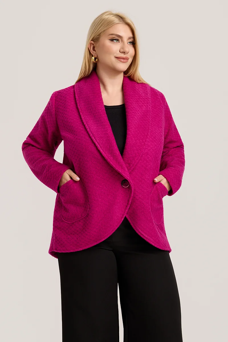 Φούξια Ζακέτα με Γιακά, Κουμπί & Τσέπες 