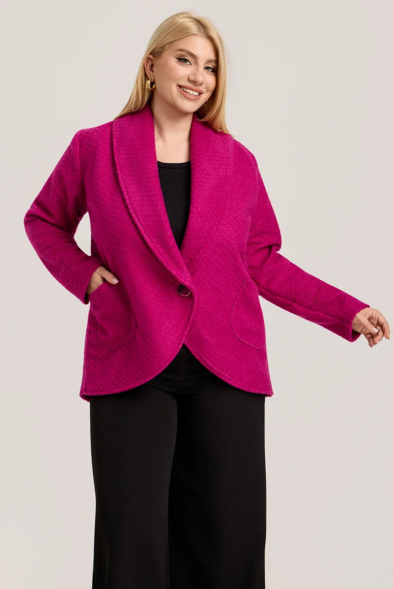 Φούξια Ζακέτα με Γιακά, Κουμπί & Τσέπες 