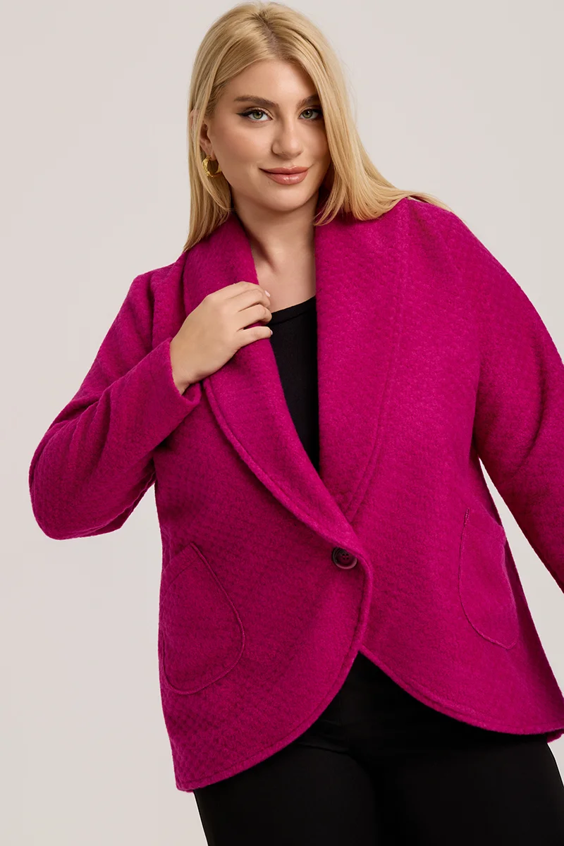Φούξια Ζακέτα με Γιακά, Κουμπί & Τσέπες 