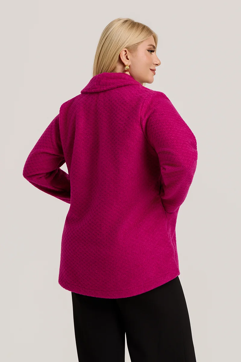 Φούξια Ζακέτα με Γιακά, Κουμπί & Τσέπες 
