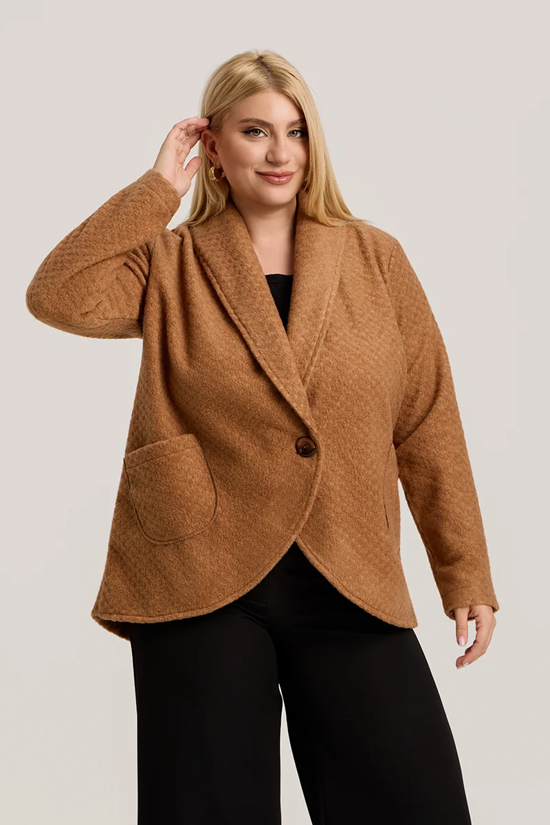 Κάμελ Ζακέτα με Γιακά, Κουμπί & Τσέπες 