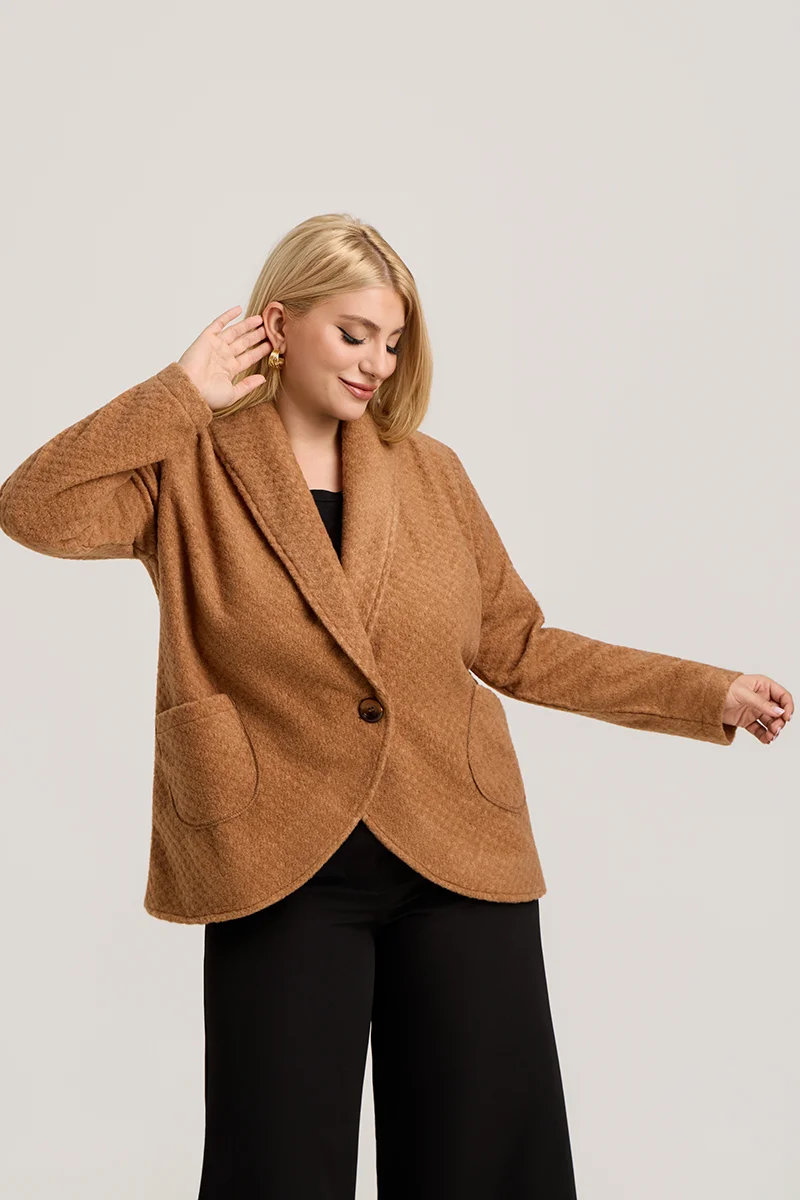 Κάμελ Ζακέτα με Γιακά, Κουμπί & Τσέπες 