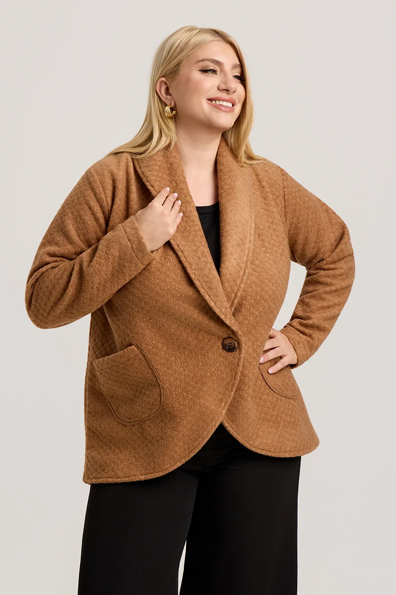 Κάμελ Ζακέτα με Γιακά, Κουμπί & Τσέπες 