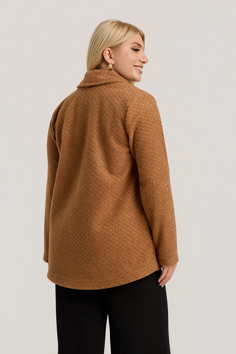 Κάμελ Ζακέτα με Γιακά, Κουμπί & Τσέπες 