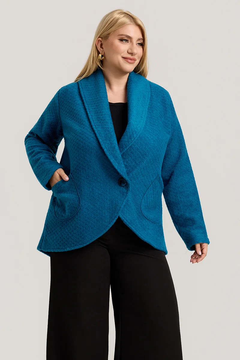 Τυρκουάζ Ζακέτα με Γιακά, Κουμπί & Τσέπες 