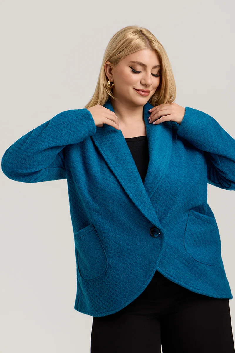 Τυρκουάζ Ζακέτα με Γιακά, Κουμπί & Τσέπες 