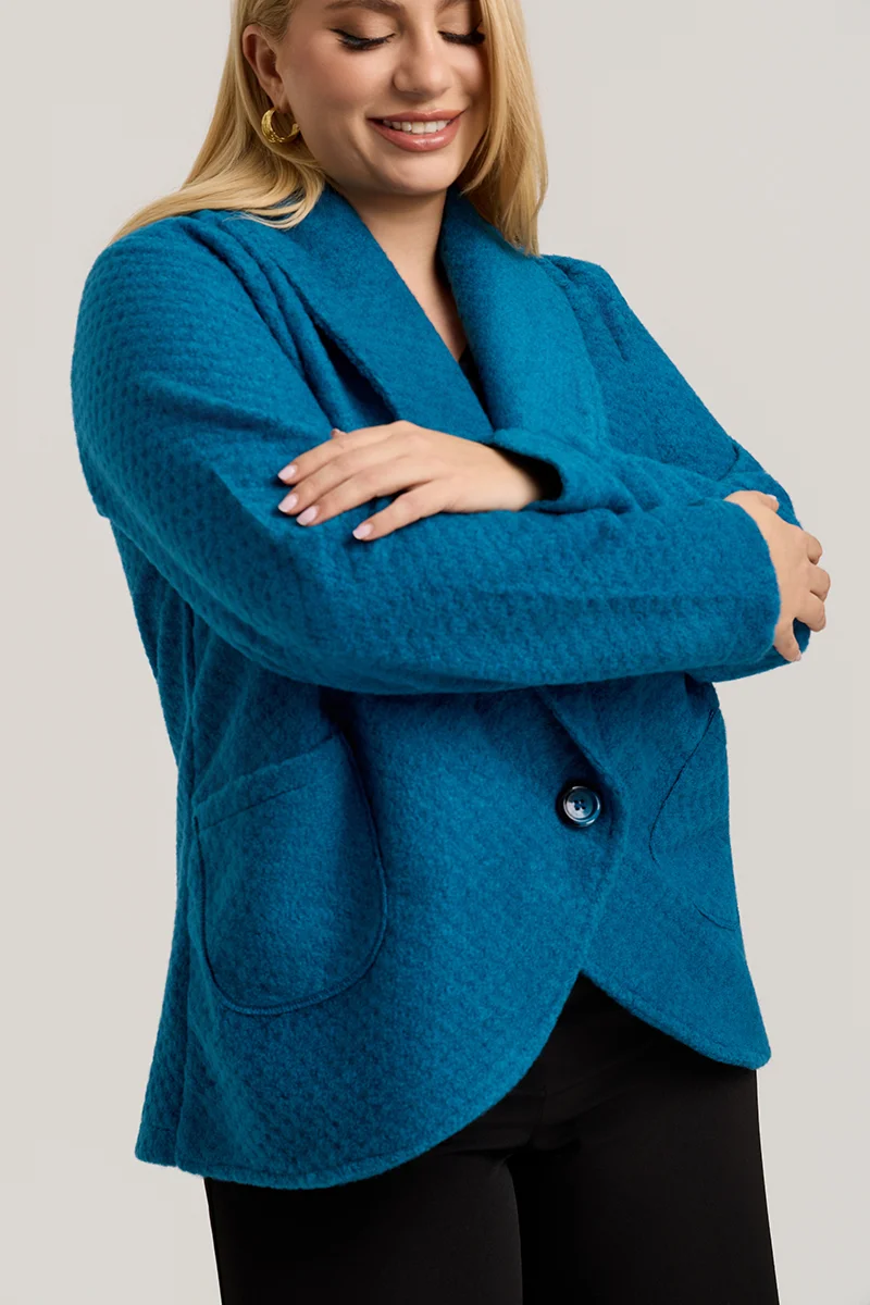 Τυρκουάζ Ζακέτα με Γιακά, Κουμπί & Τσέπες 
