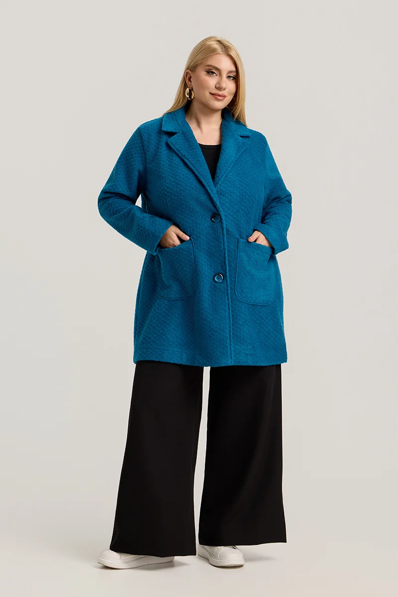 Τιρκουάζ  Ζακέτα Plus Size με Κουμπιά & Τσέπες 