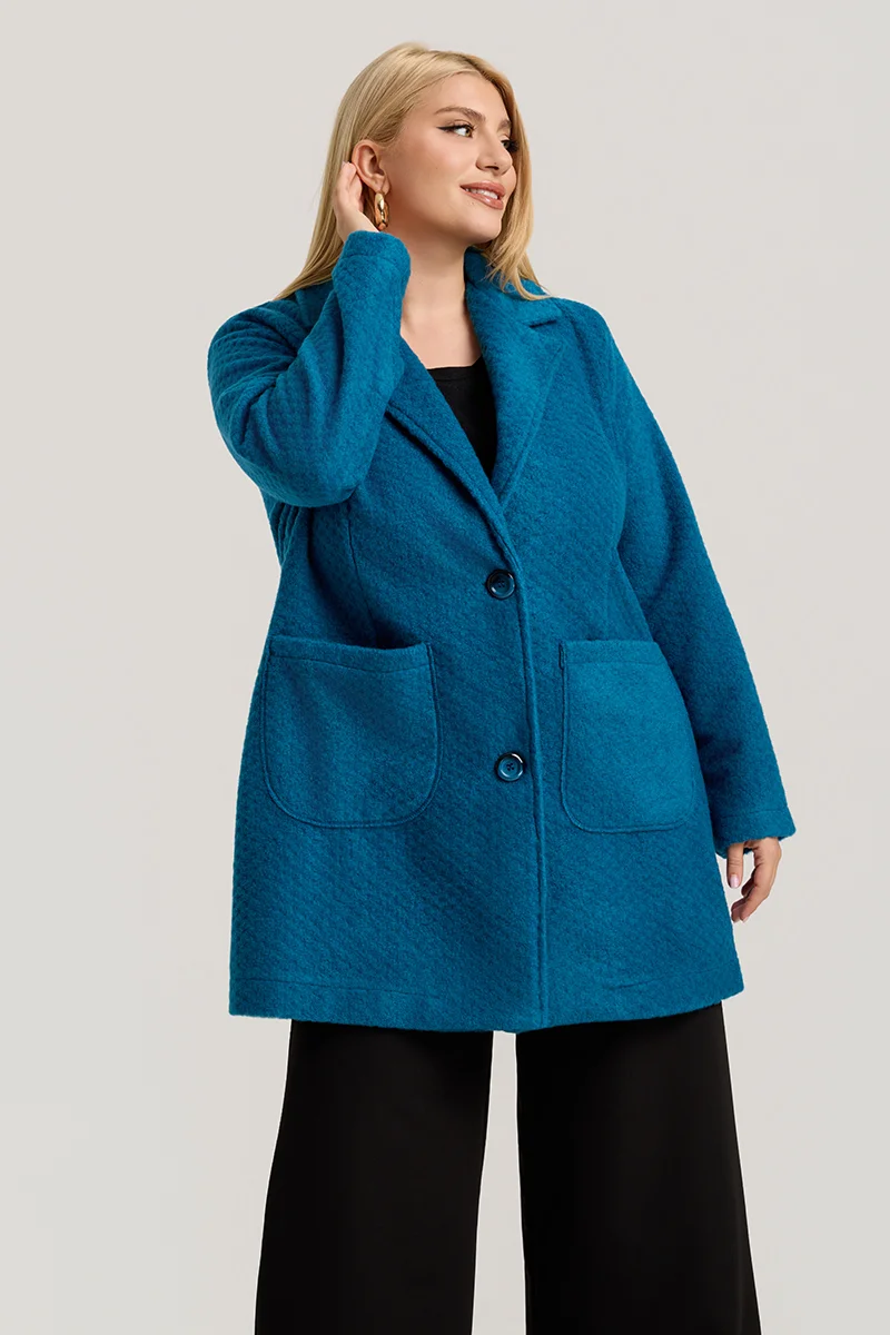 Τιρκουάζ  Ζακέτα Plus Size με Κουμπιά & Τσέπες 