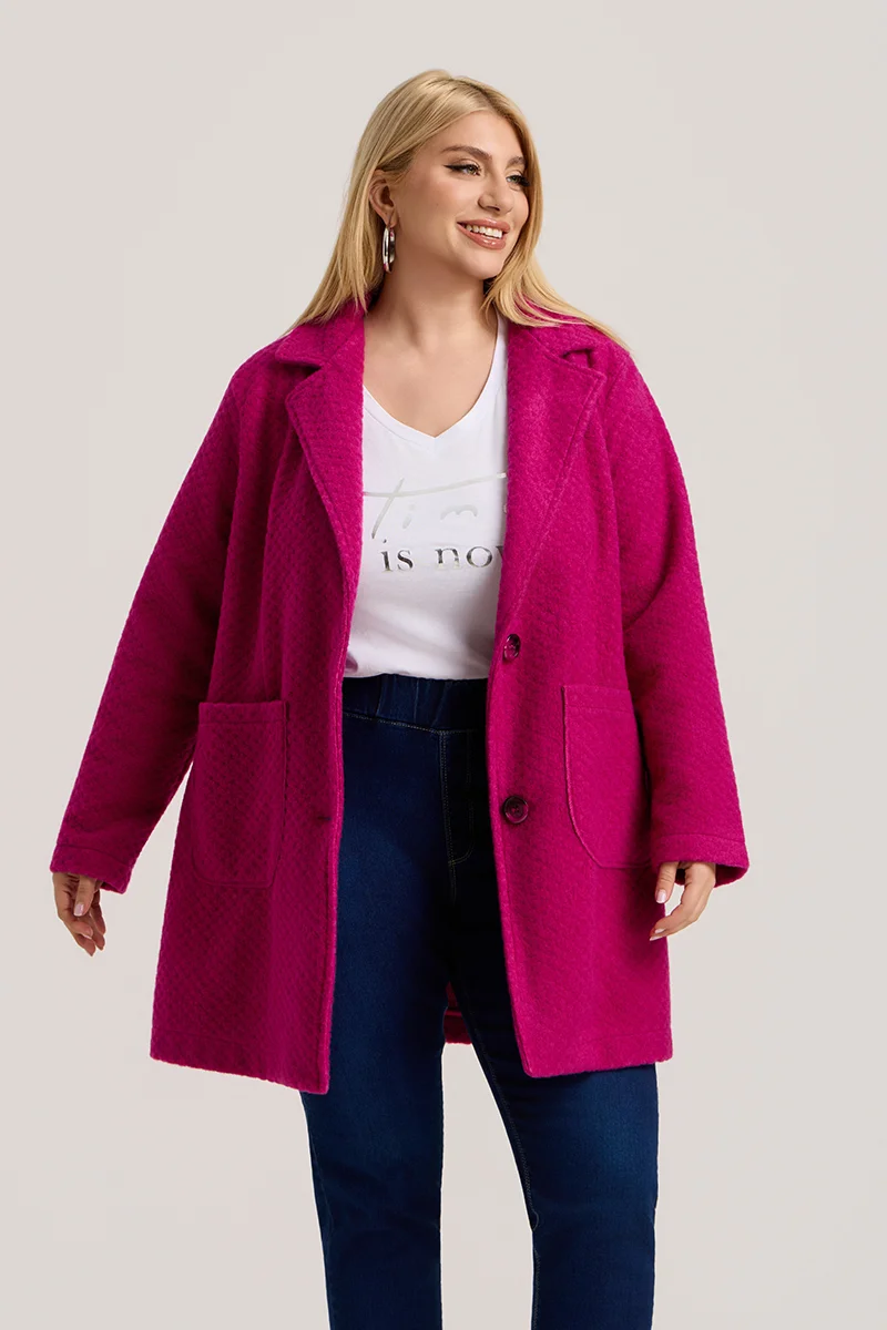 Φούξια Ζακέτα Plus Size με Κουμπιά & Τσέπες 