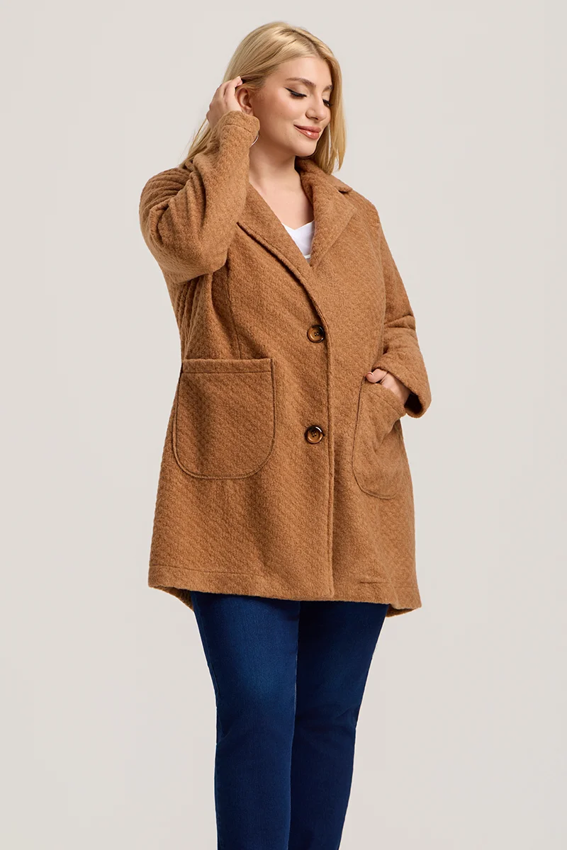 Κάμελ Ζακέτα Plus Size με Κουμπιά & Τσέπες 