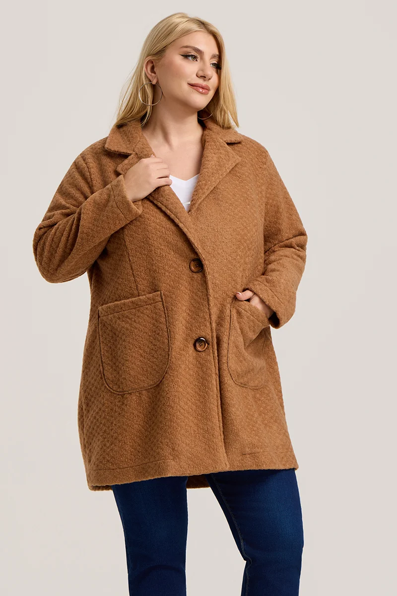 Κάμελ Ζακέτα Plus Size με Κουμπιά & Τσέπες 