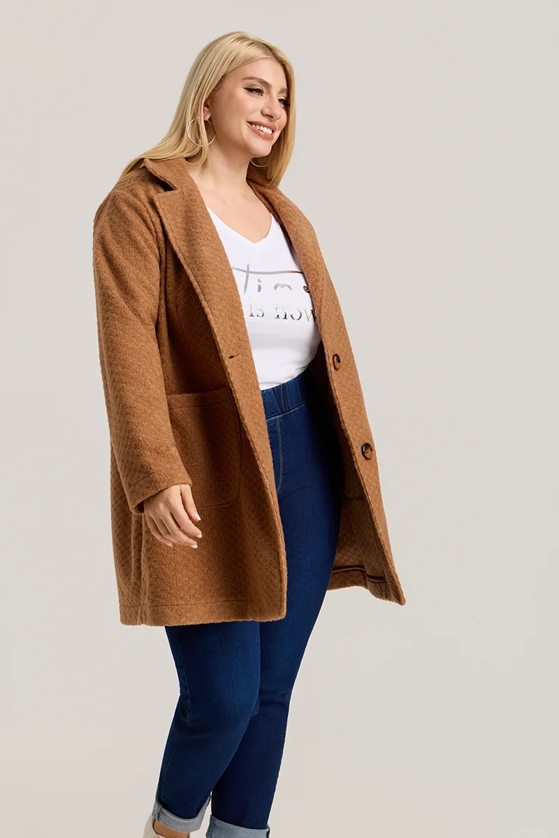 Κάμελ Ζακέτα Plus Size με Κουμπιά & Τσέπες 
