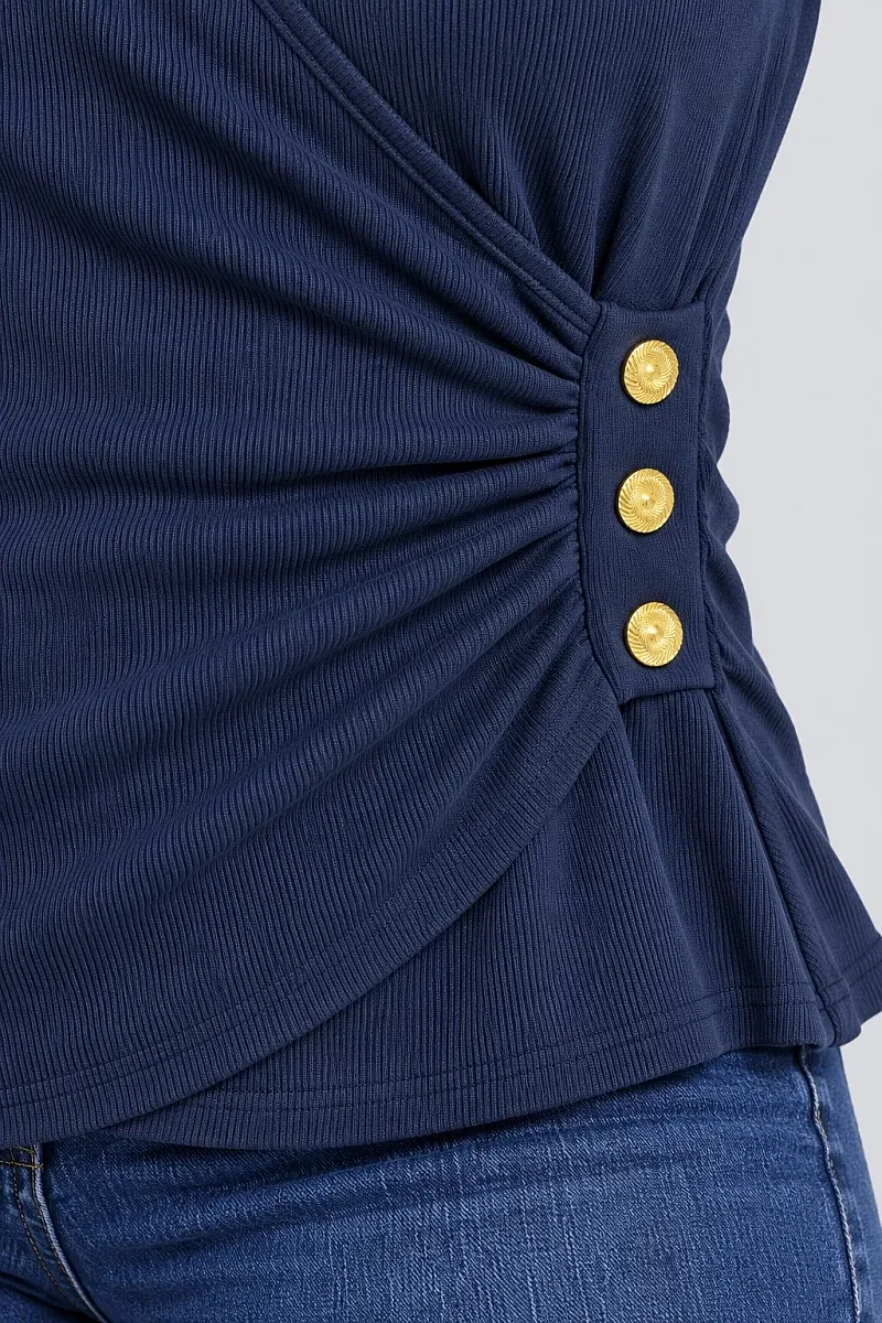 Navy Κρουαζέ Μπλούζα Ριμπ με Χρυσά Κουμπιά Plus Size