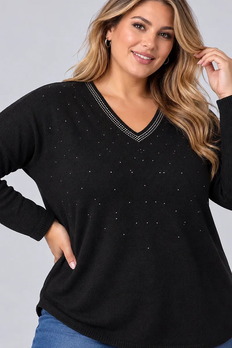 Μαύρη Πλεκτή Μπλούζα Plus Size με V και Στρας