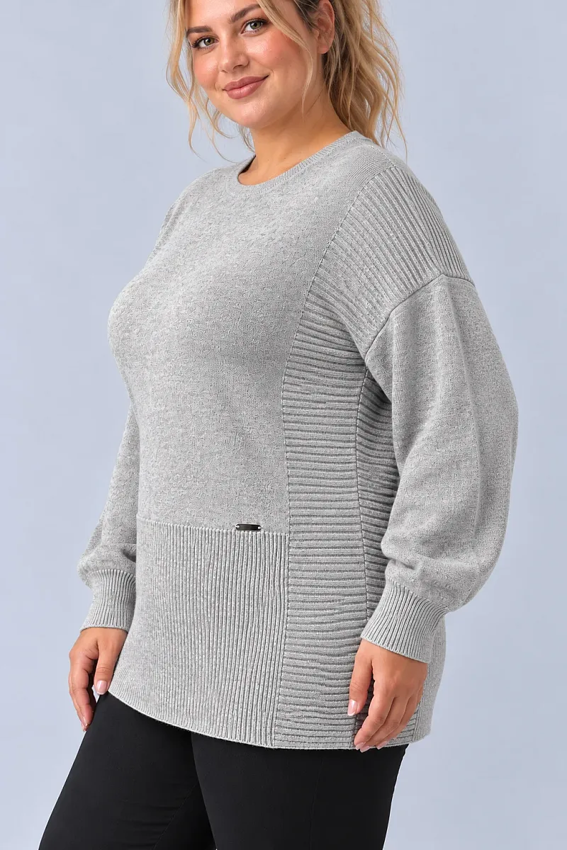 Γκρι Μελανζέ Oversized Πλεκτή Μπλούζα με Ριμπ Λεπτομέρειες